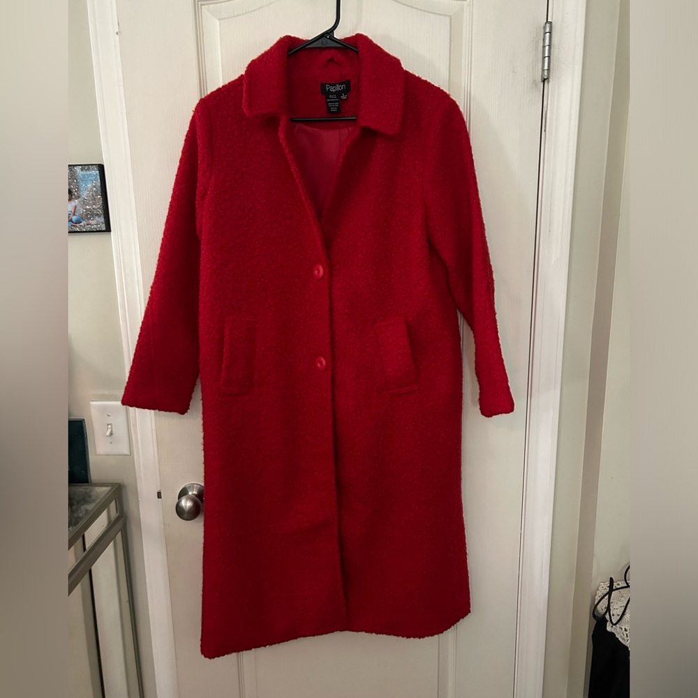 Papillon Red Boucle Lapel Coat with Pockets
